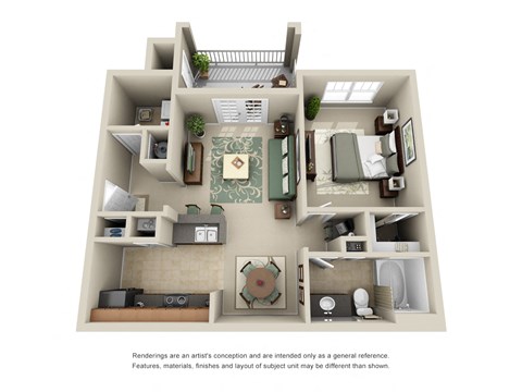 Floor plan for 1 bed, 1 bath, 751 sqft
